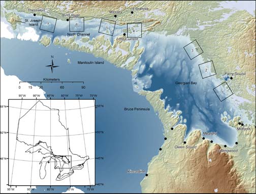 Overview of Lake Huron showing bathymetry of the North Channel and the location of cormorant sampling frames